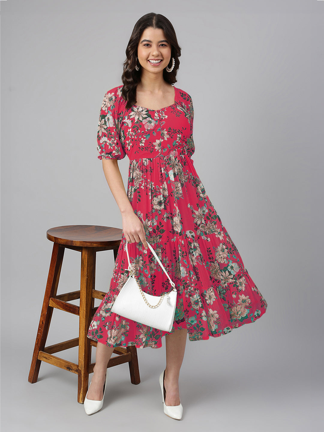 Janasya Bright Georgette Floral Tiered Dress - Distacart
