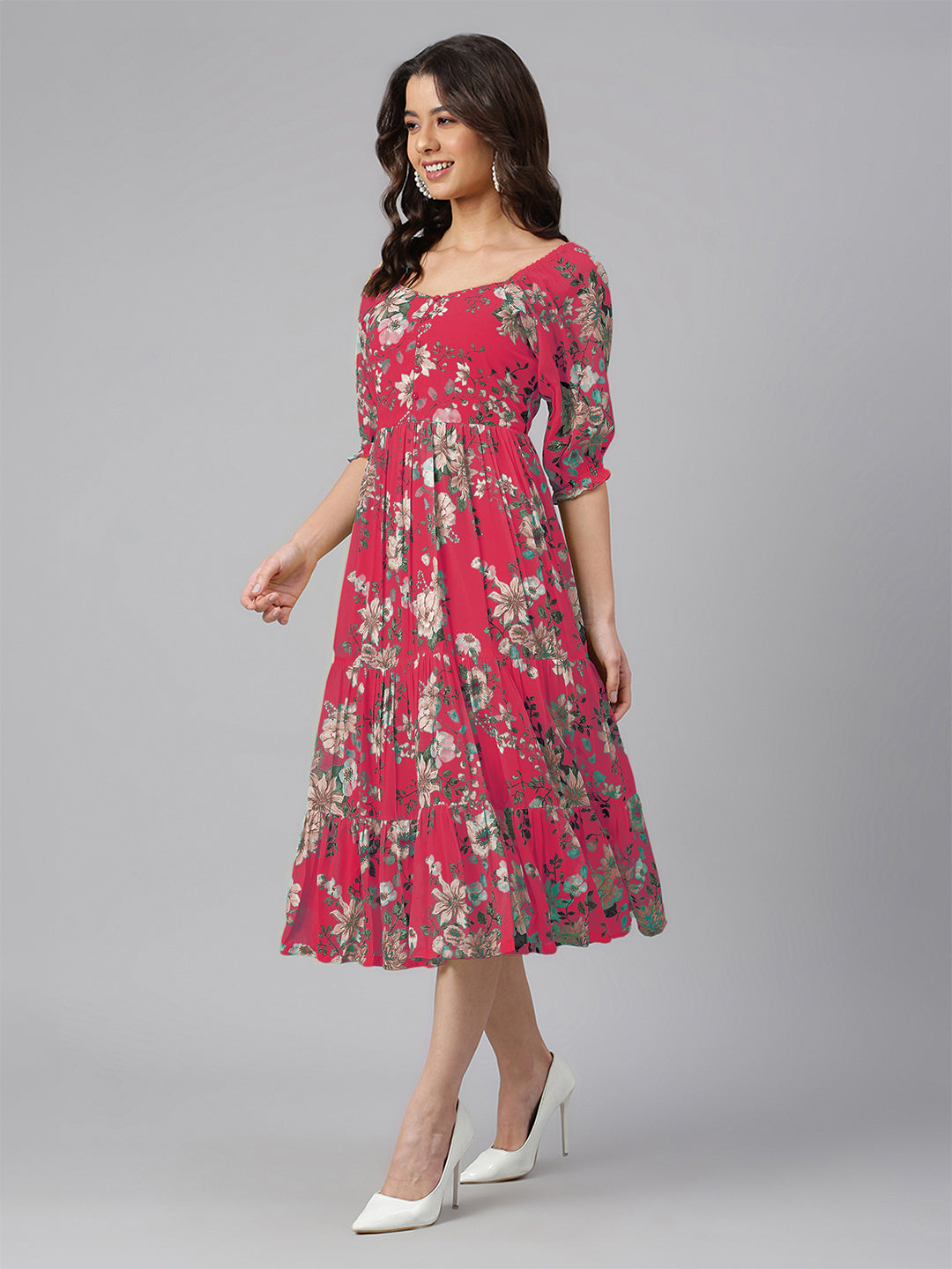 Janasya Bright Georgette Floral Tiered Dress - Distacart