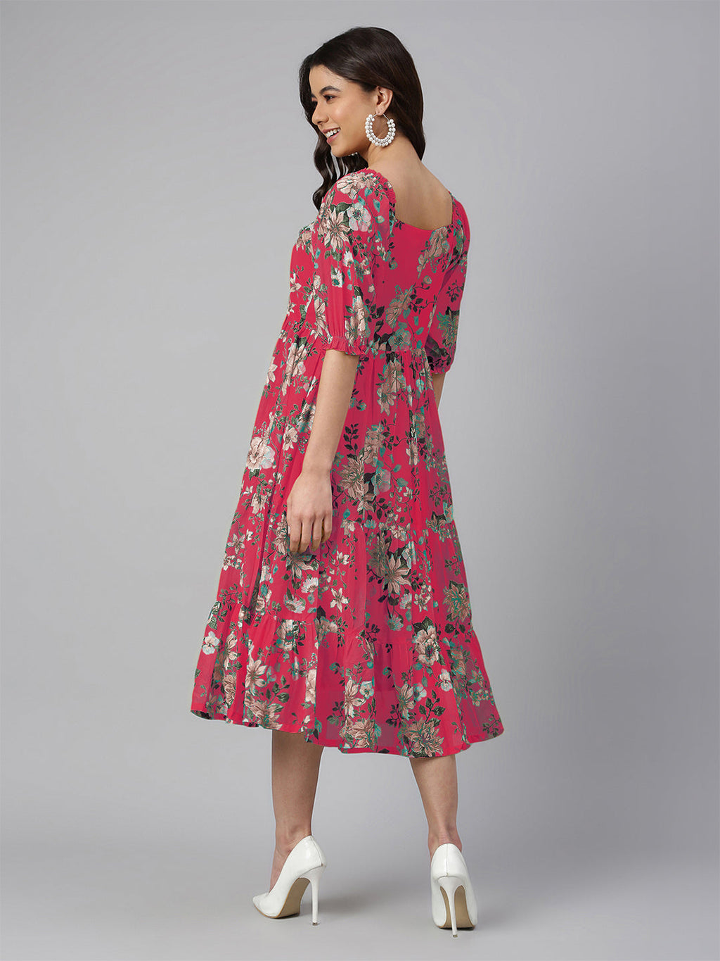 Janasya Bright Georgette Floral Tiered Dress - Distacart