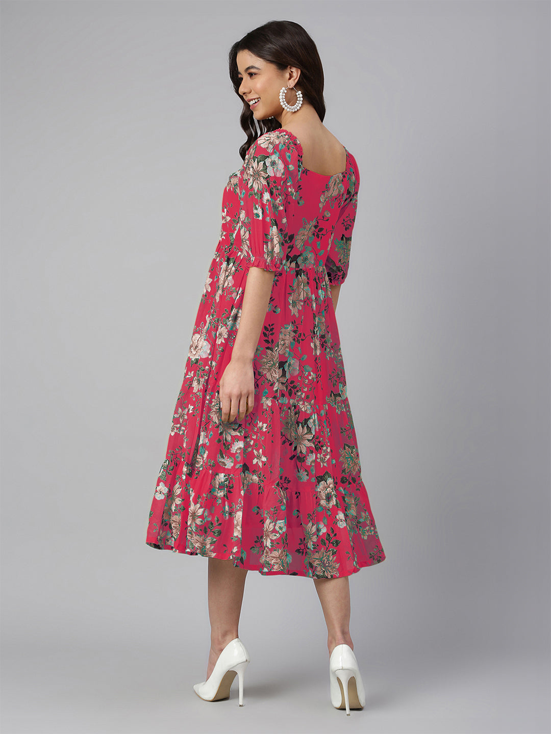 Janasya Bright Georgette Floral Tiered Dress - Distacart