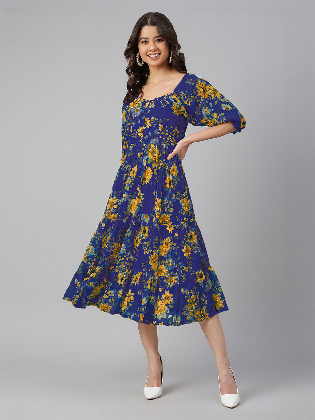 Janasya Bright Georgette Floral Tiered Dress - Distacart