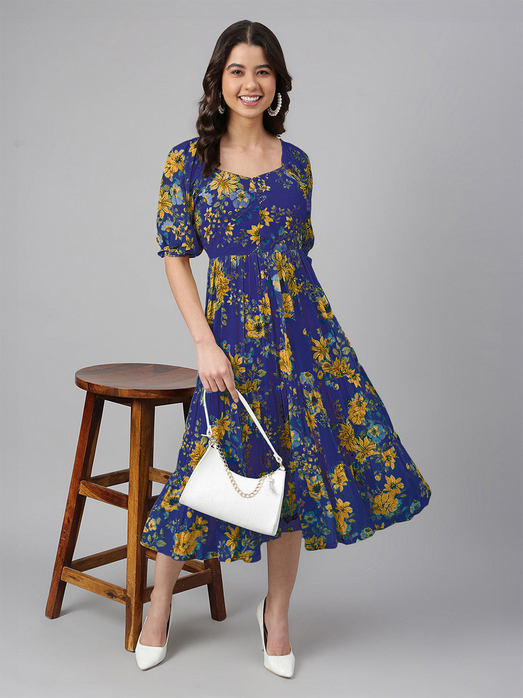 Janasya Bright Georgette Floral Tiered Dress - Distacart