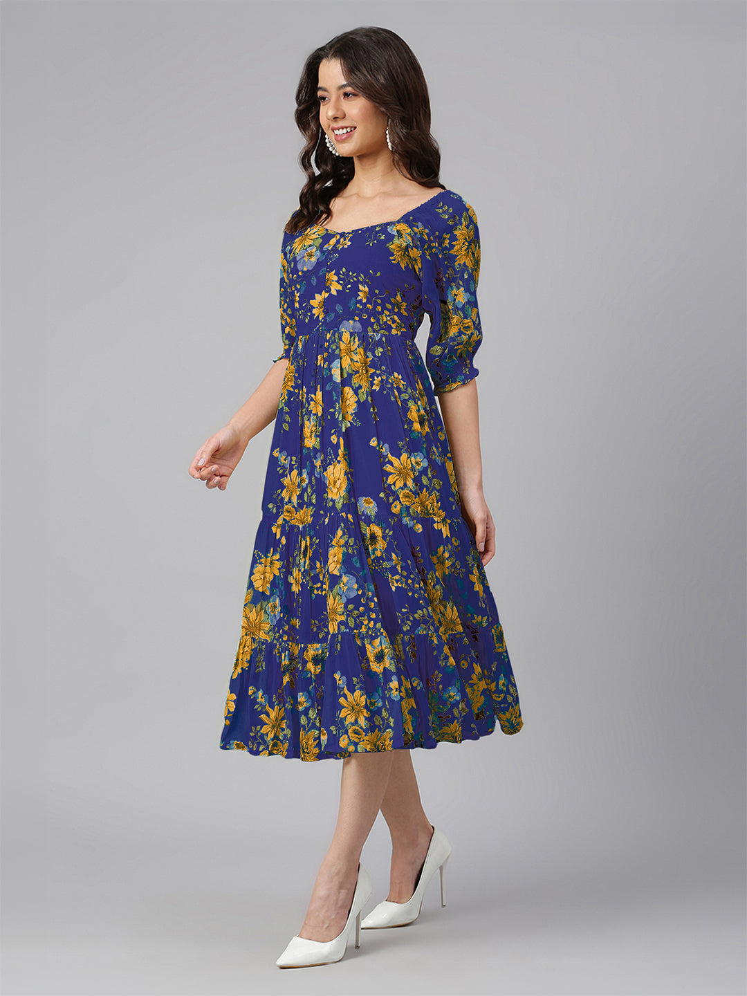 Janasya Bright Georgette Floral Tiered Dress - Distacart