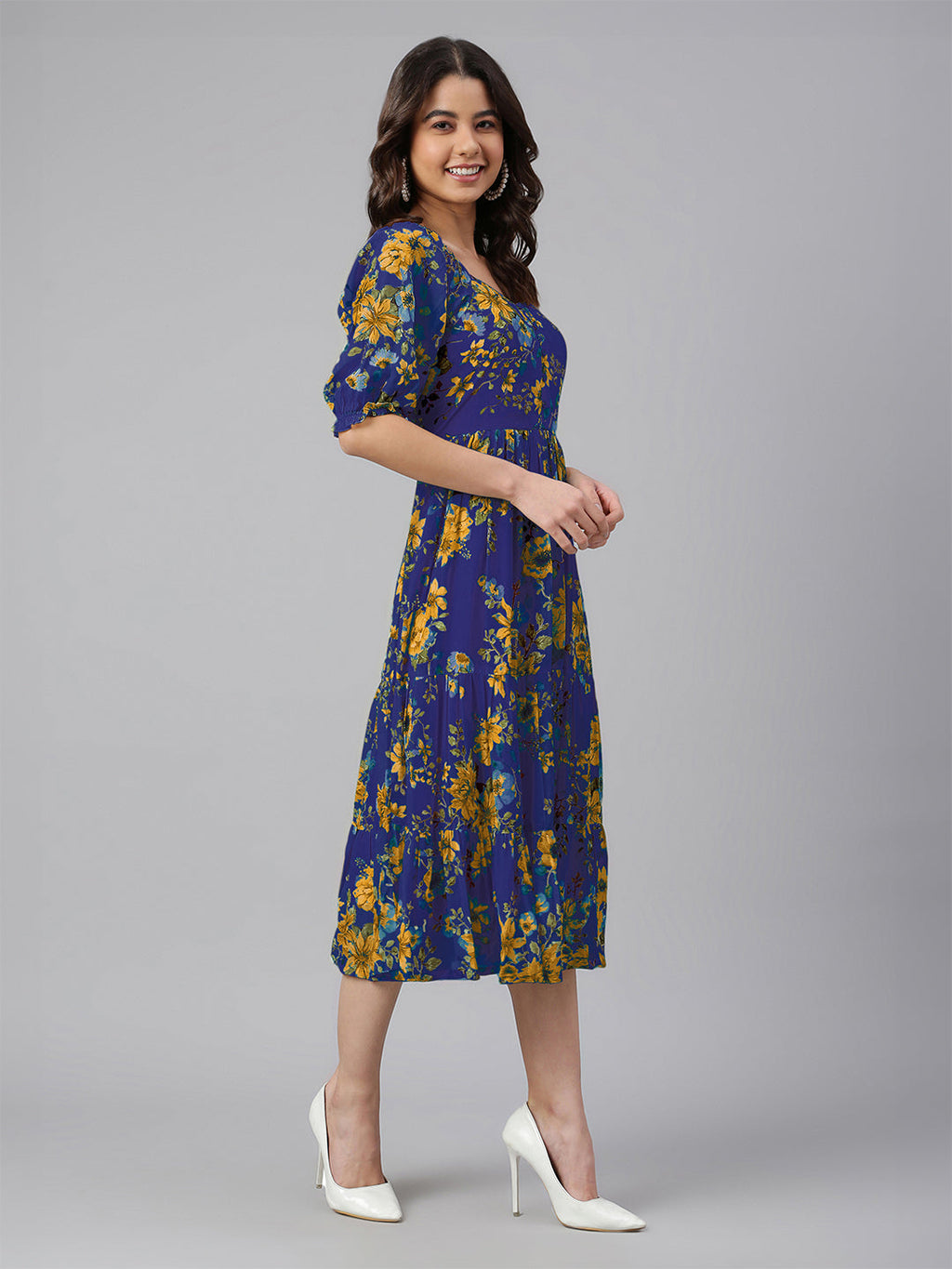 Janasya Bright Georgette Floral Tiered Dress - Distacart