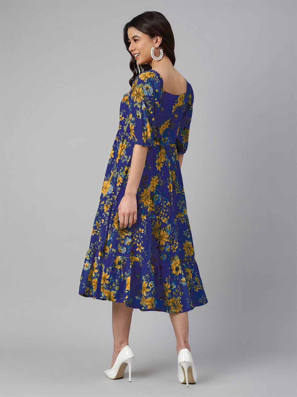 Janasya Bright Georgette Floral Tiered Dress - Distacart