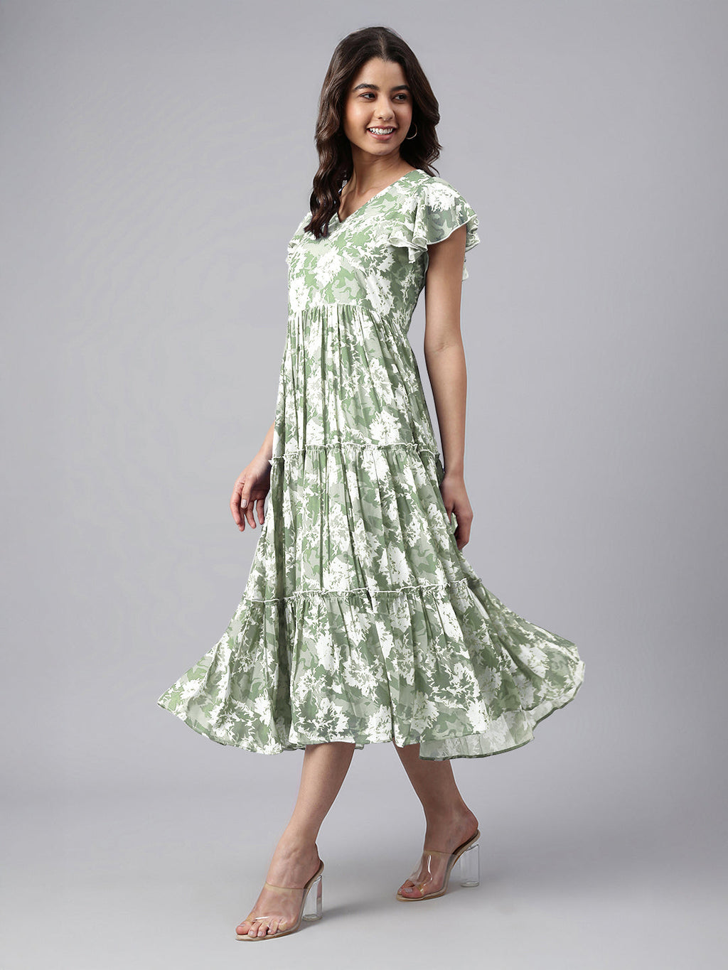 Janasya Dark Georgette Abstract Tiered Dress - Distacart