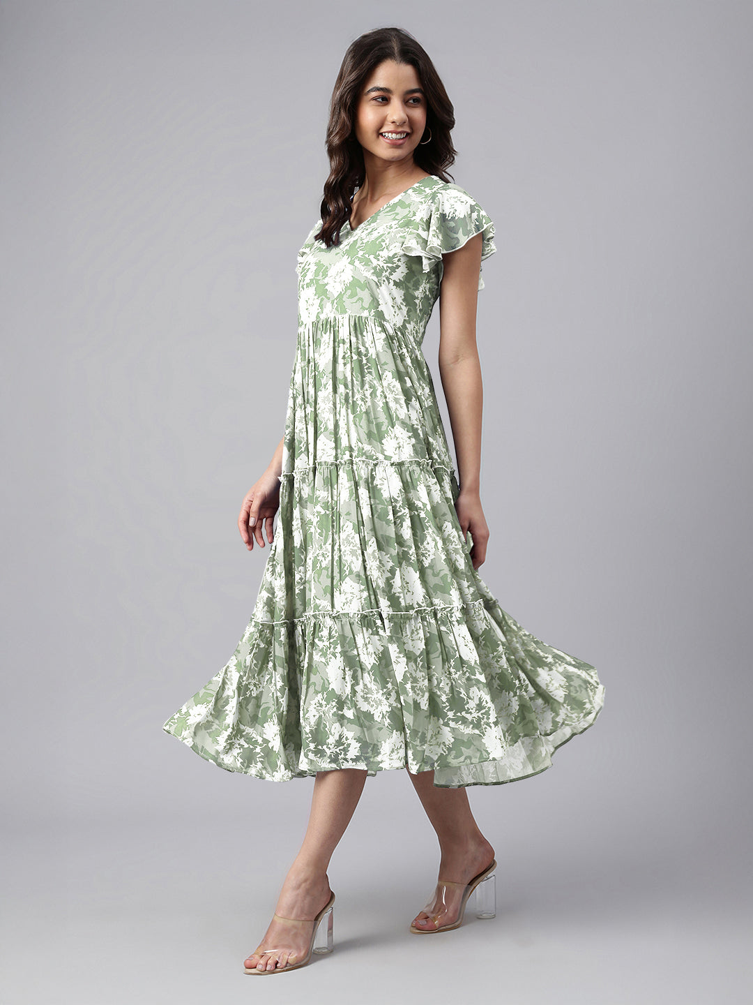 Janasya Dark Georgette Abstract Tiered Dress - Distacart