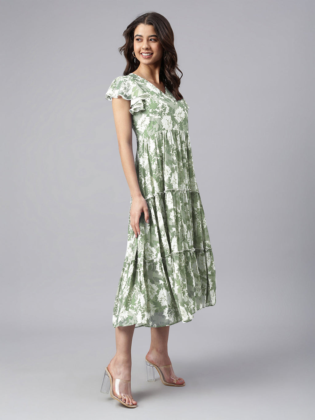 Janasya Dark Georgette Abstract Tiered Dress - Distacart