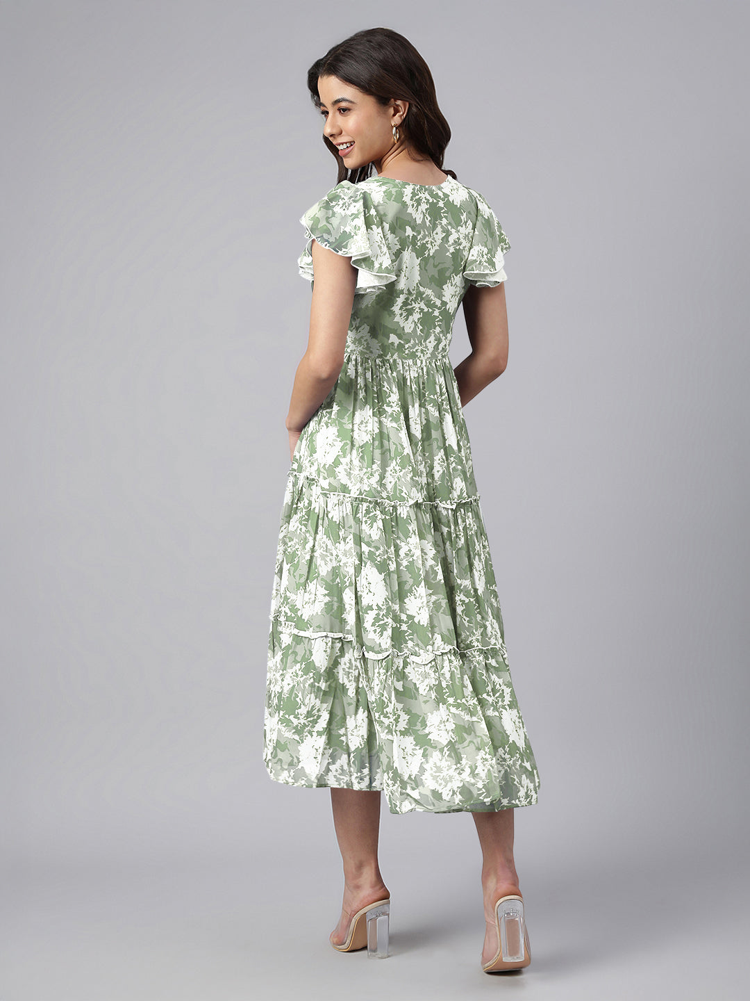 Janasya Dark Georgette Abstract Tiered Dress - Distacart