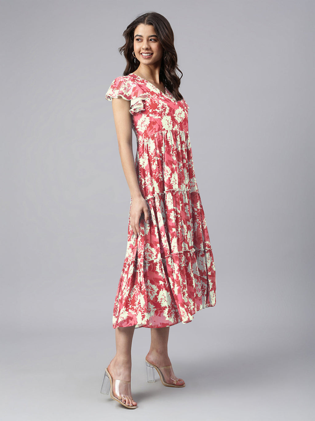 Janasya Dark Georgette Abstract Tiered Dress - Distacart