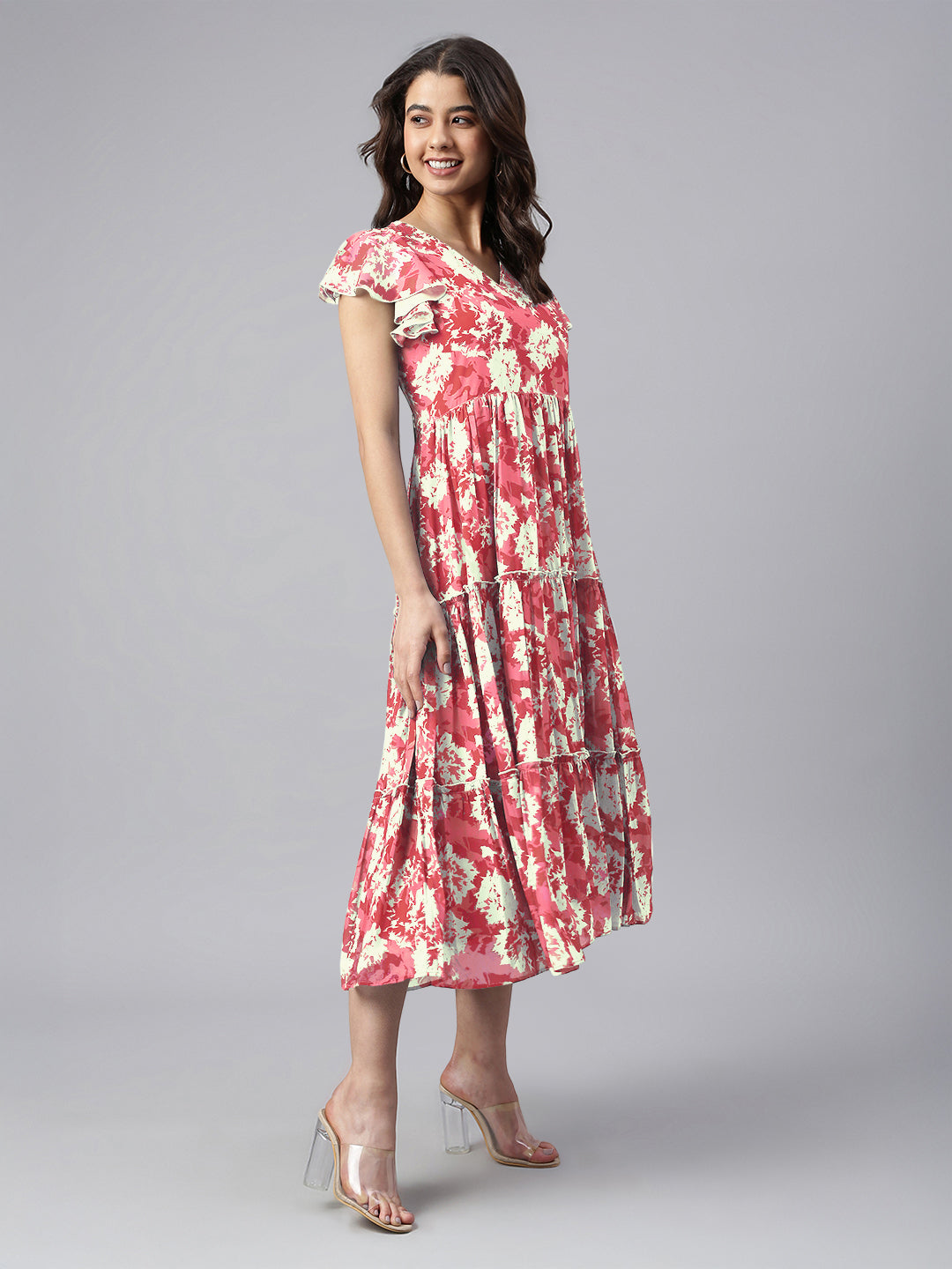 Janasya Dark Georgette Abstract Tiered Dress - Distacart