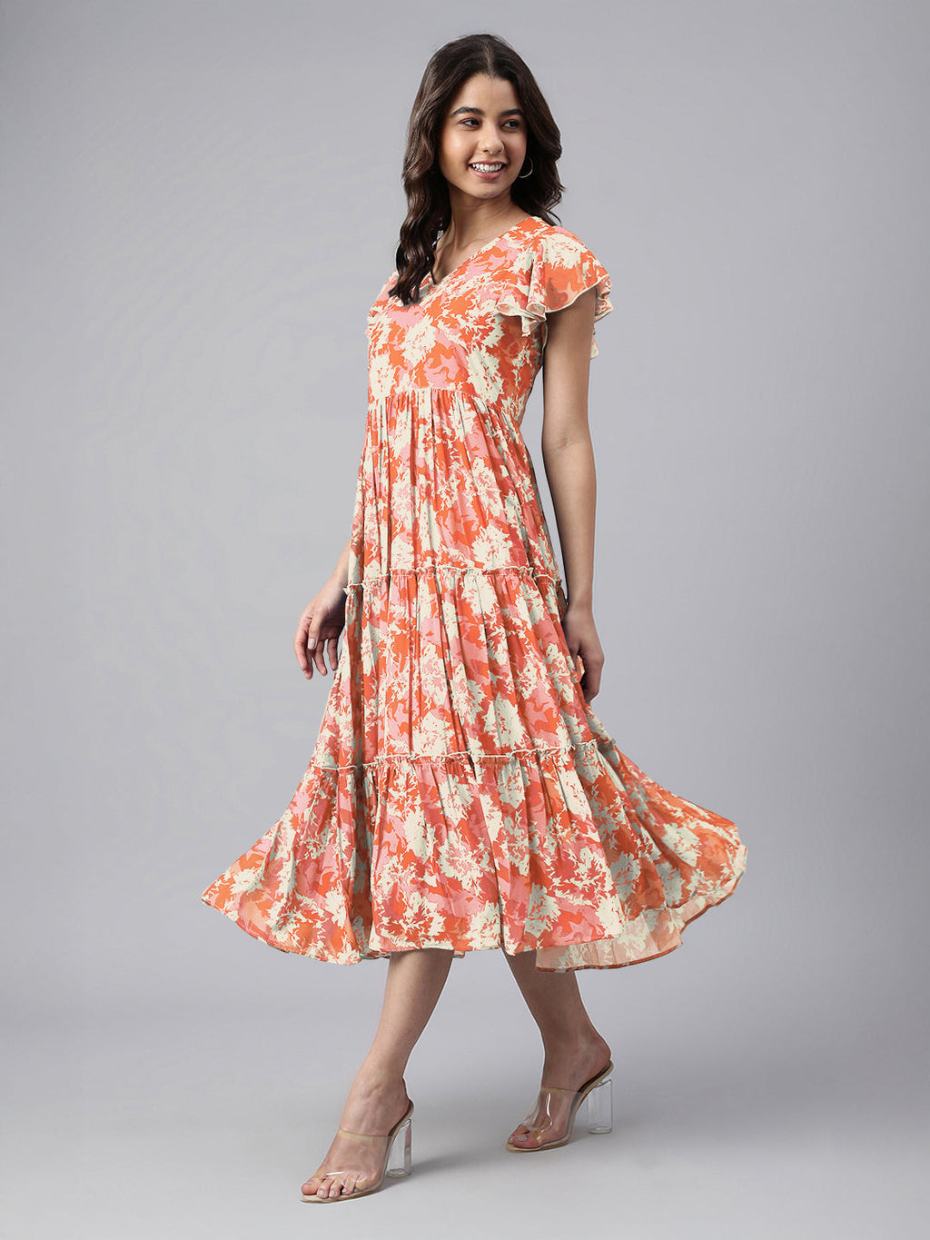 Janasya Dark Georgette Abstract Tiered Dress - Distacart