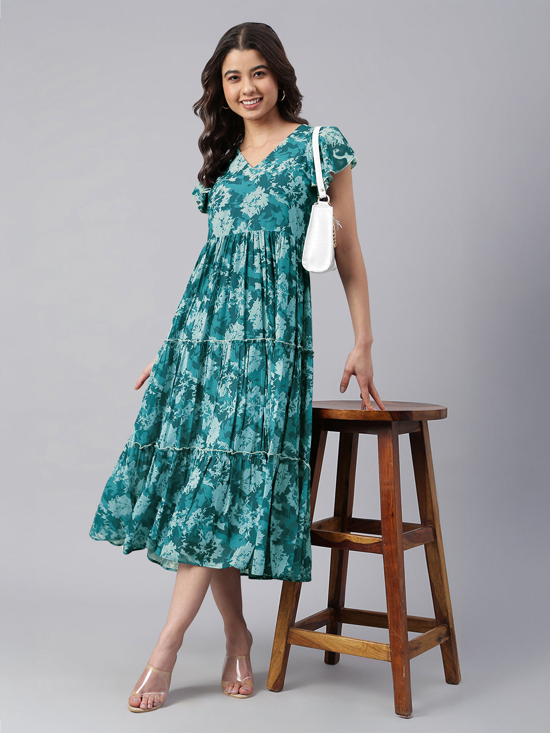 Janasya Dark Georgette Floral Tiered Dress - Distacart