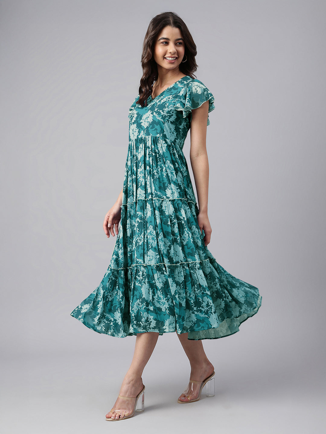 Janasya Dark Georgette Floral Tiered Dress - Distacart