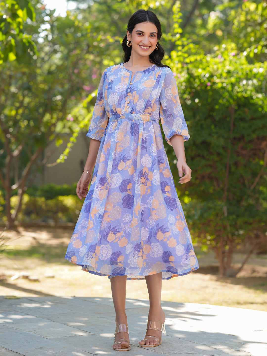 Janasya Dark Georgette Floral A-Line Dress - Distacart