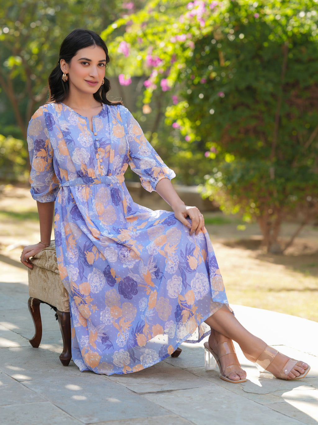 Janasya Dark Georgette Floral A-Line Dress - Distacart