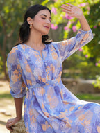 Janasya Dark Georgette Floral A-Line Dress - Distacart