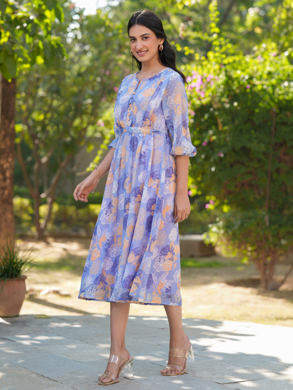 Janasya Dark Georgette Floral A-Line Dress - Distacart