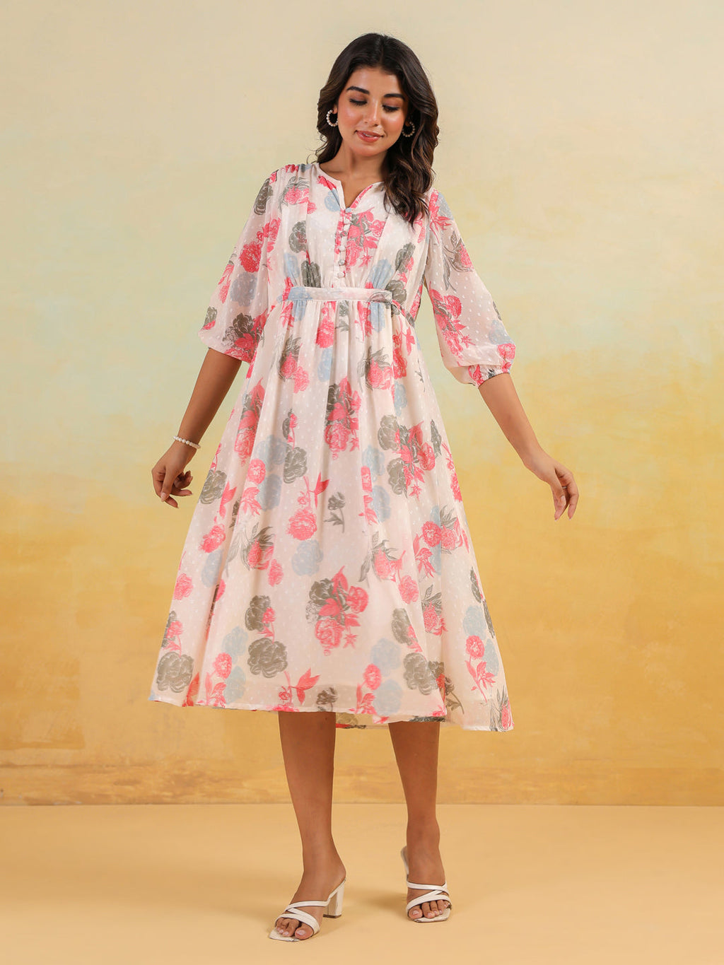 Janasya Light Georgette Floral Flared Dress - Distacart