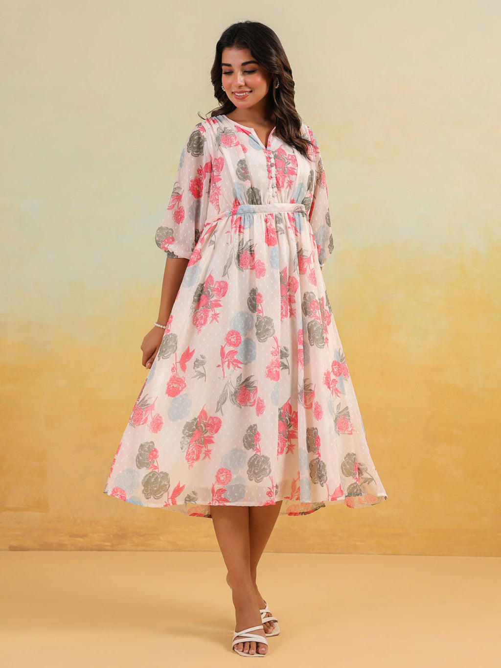 Janasya Light Georgette Floral Flared Dress - Distacart