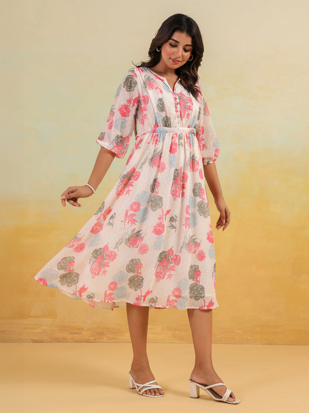 Janasya Light Georgette Floral Flared Dress - Distacart