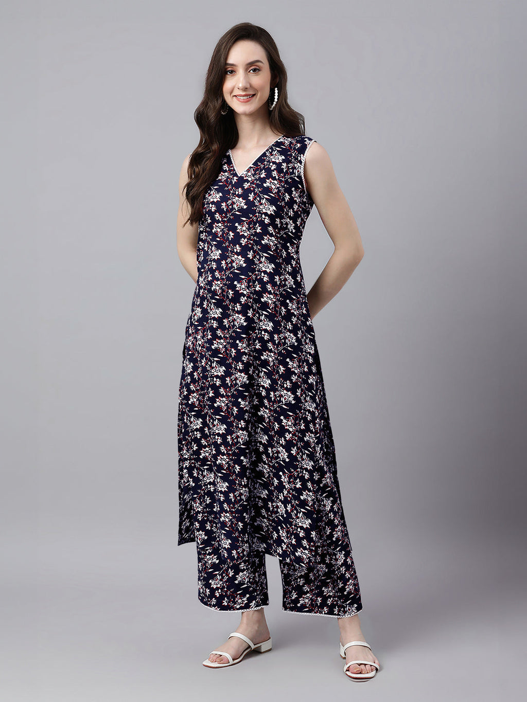 Janasya Dark Cotton Floral A-Line Kurta Set - Distacart