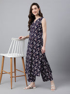 Janasya Dark Cotton Floral A-Line Kurta Set - Distacart