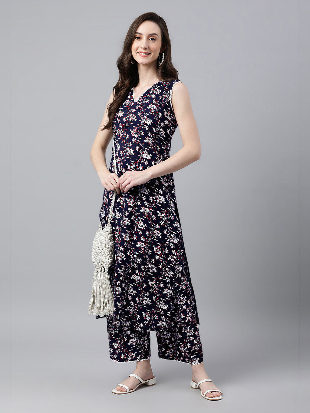 Janasya Dark Cotton Floral A-Line Kurta Set - Distacart