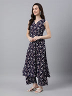 Janasya Dark Cotton Floral A-Line Kurta Set - Distacart