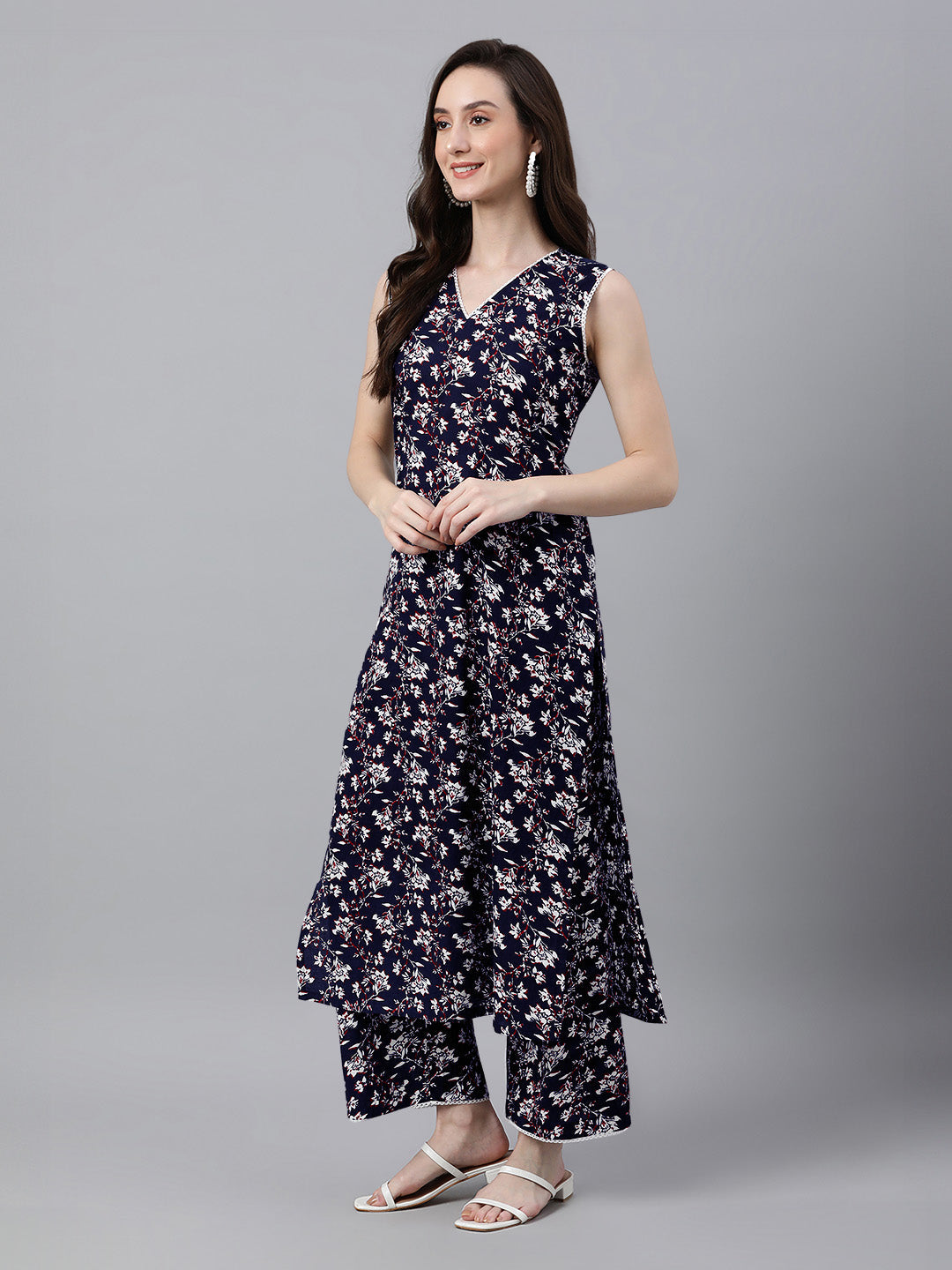 Janasya Dark Cotton Floral A-Line Kurta Set - Distacart