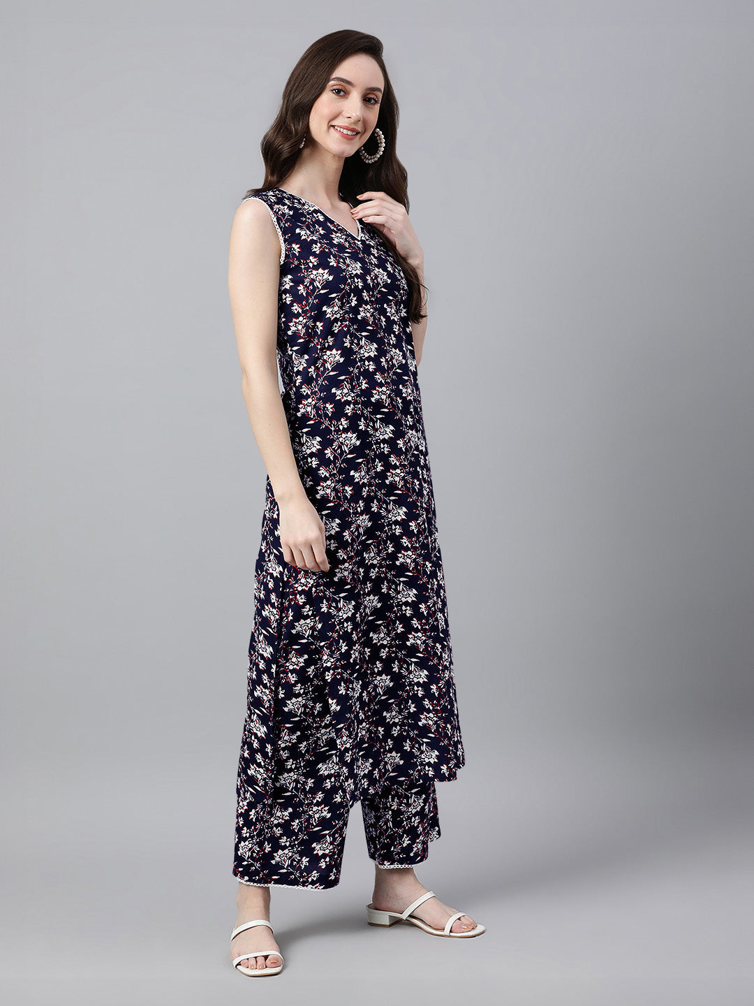 Janasya Dark Cotton Floral A-Line Kurta Set - Distacart