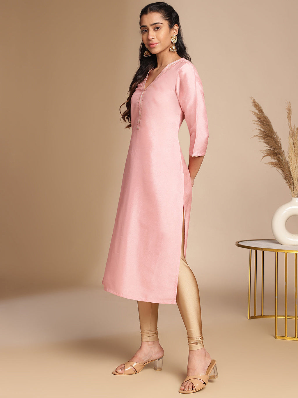 Janasya Pink Crepe Silk Solid Straight Kurta
