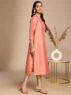 Janasya Peach Crepe Silk Solid Straight Kurta