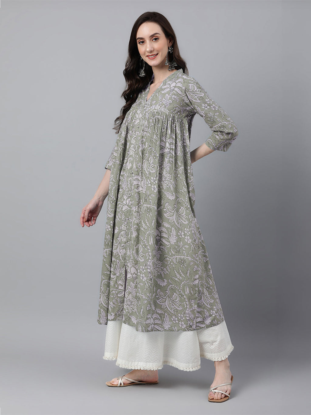 Janasya Light Cotton Floral Flared Kurta