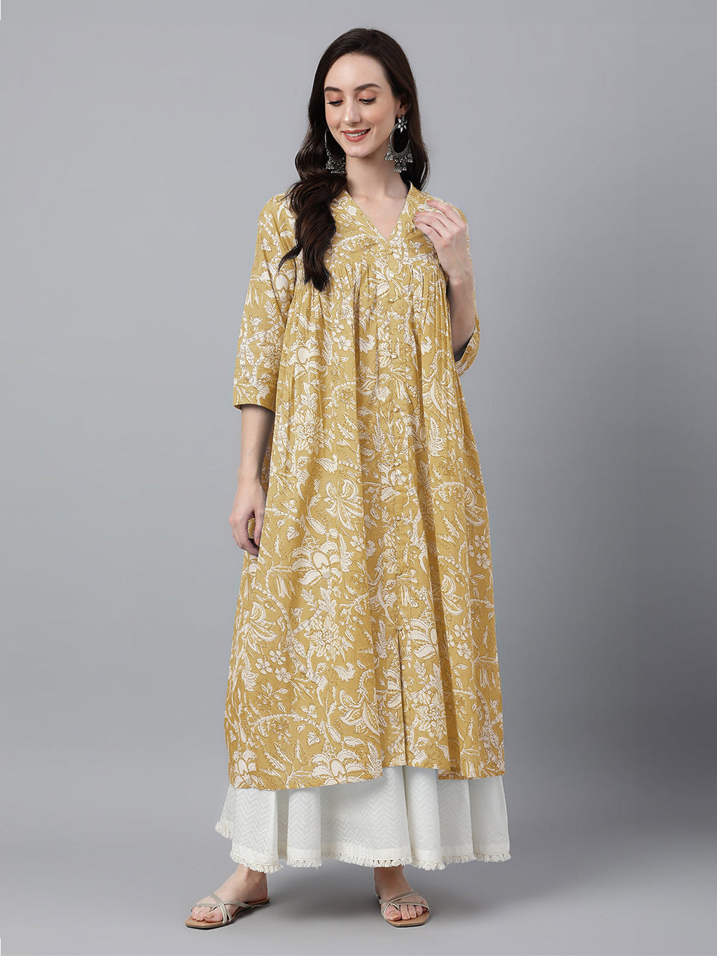 Janasya Light Cotton Floral Flared Kurta