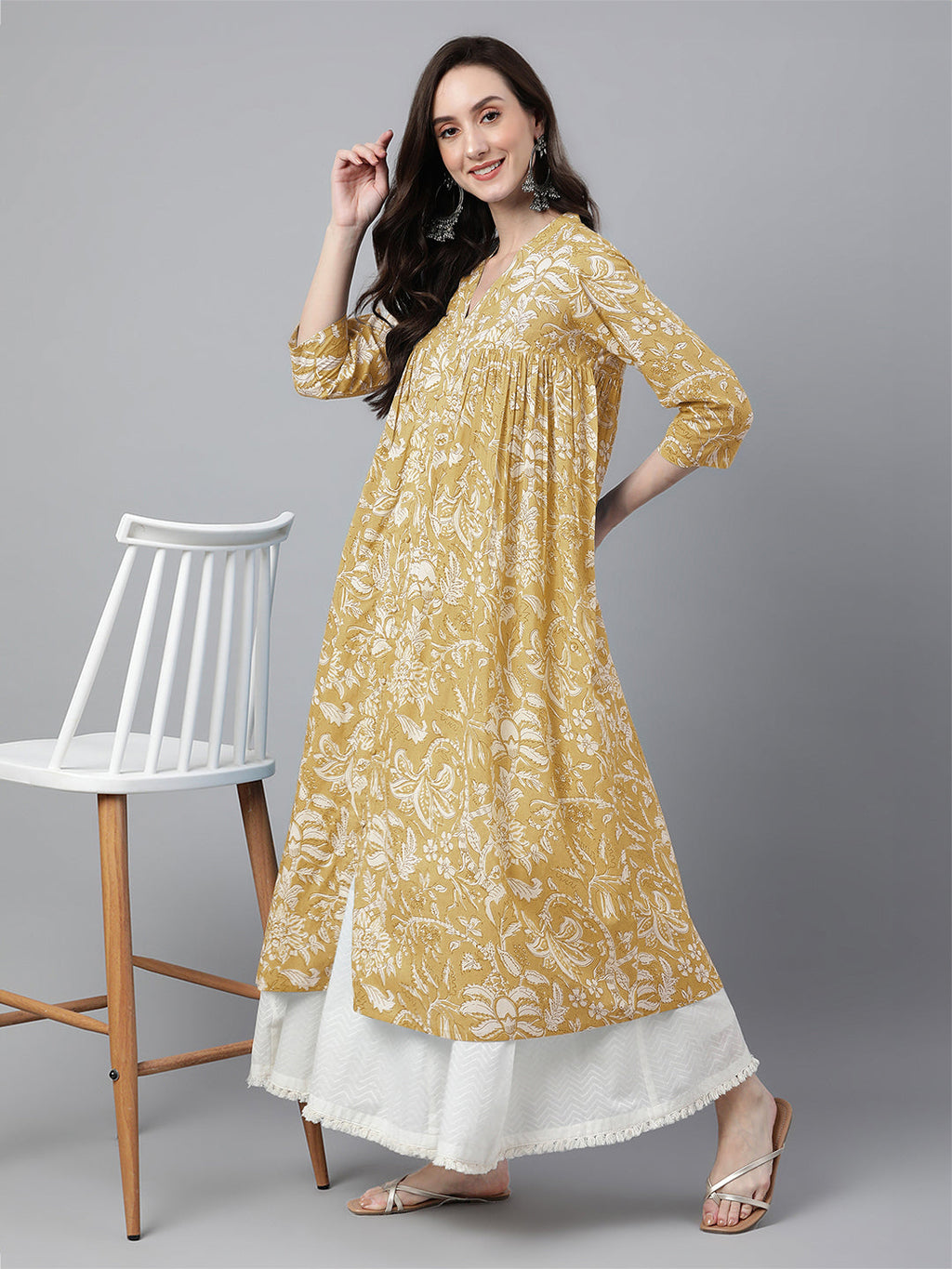 Janasya Light Cotton Floral Flared Kurta