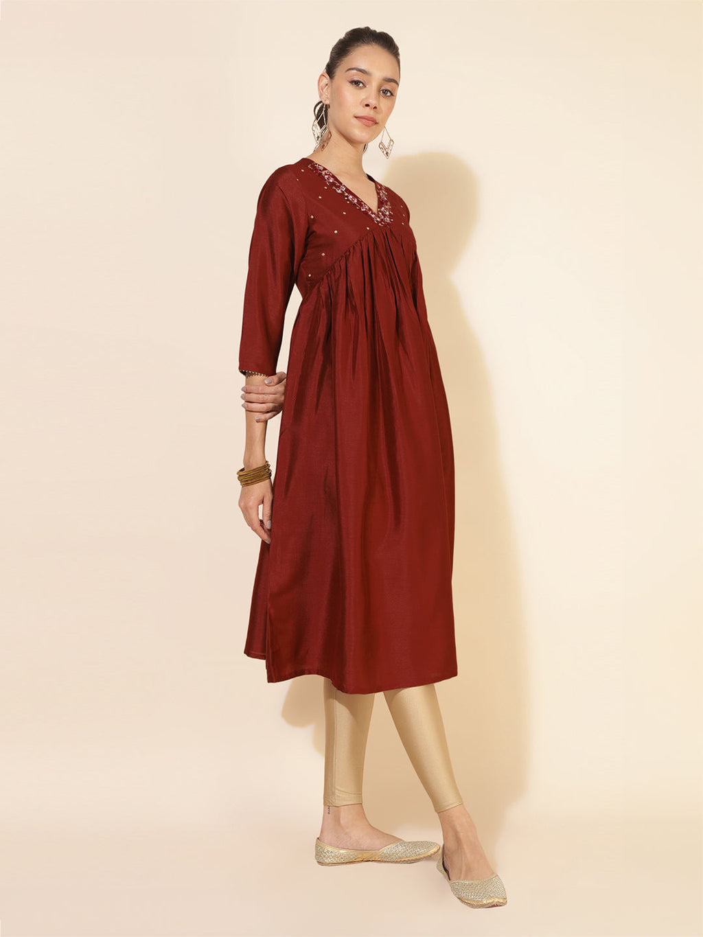 Janasya Dark Silk Blend Yoke Embroidery A-Line Kurta