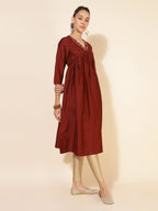 Janasya Dark Silk Blend Yoke Embroidery A-Line Kurta