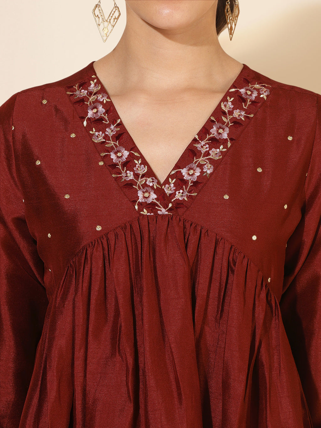 Janasya Dark Silk Blend Yoke Embroidery A-Line Kurta