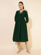 Janasya Dark Silk Blend Embroidered A-Line Kurta