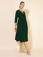 Janasya Dark Silk Blend Embroidered A-Line Kurta