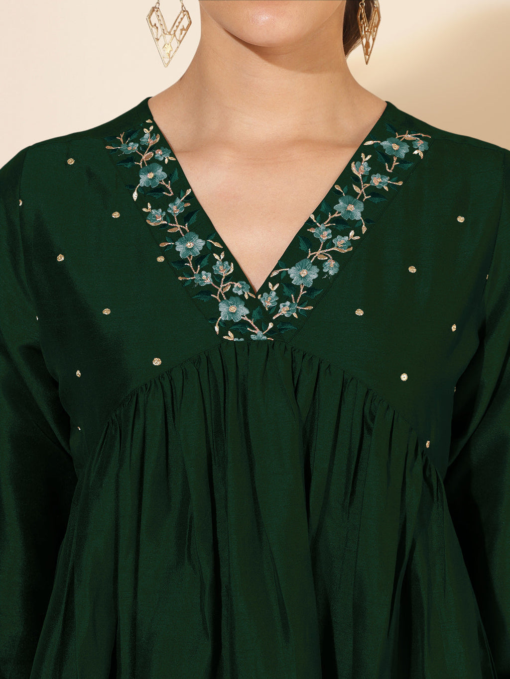 Janasya Dark Silk Blend Embroidered A-Line Kurta