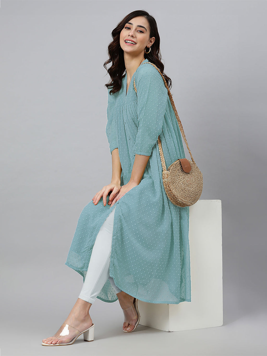 Janasya Light Dobby Chiffon Self Design Flared Kurta - Distacart