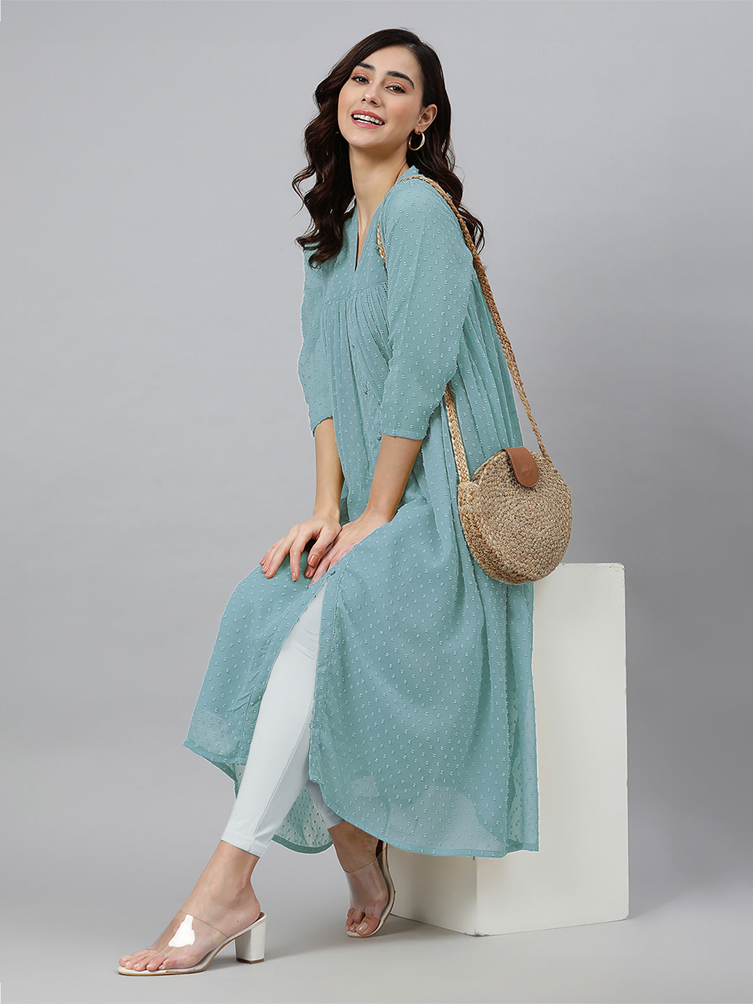 Janasya Light Dobby Chiffon Self Design Flared Kurta - Distacart