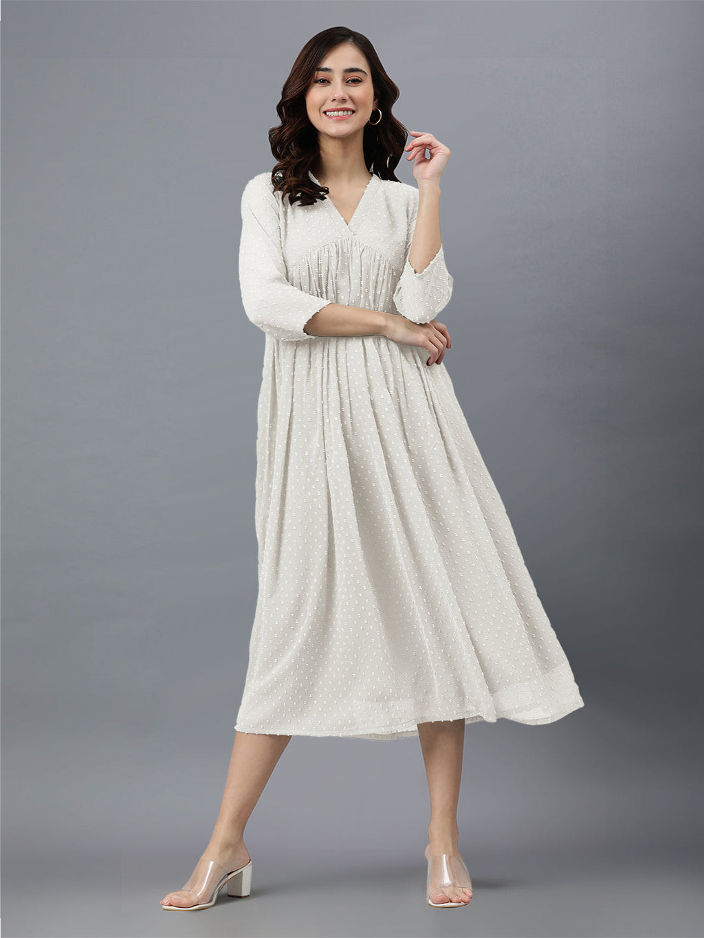 Janasya Bright Dobby Chiffon Self Design Flared Kurta
