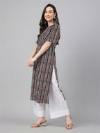 Janasya Dark Cotton Geometric Straight Kurta
