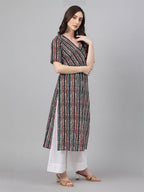 Janasya Dark Cotton Geometric Straight Kurta