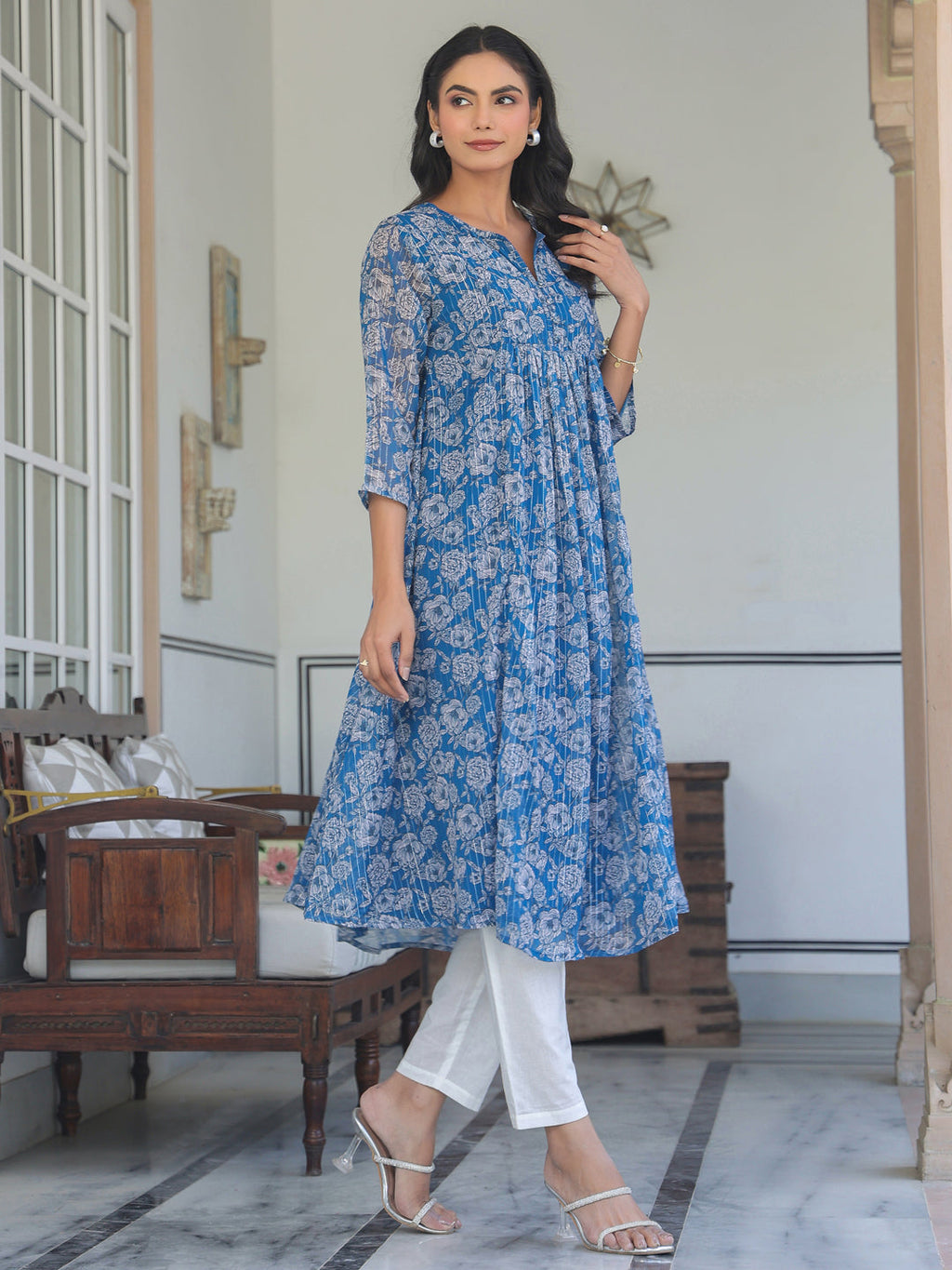 Janasya Dark Chiffon Floral A-Line Kurta
