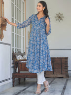 Janasya Dark Chiffon Floral A-Line Kurta