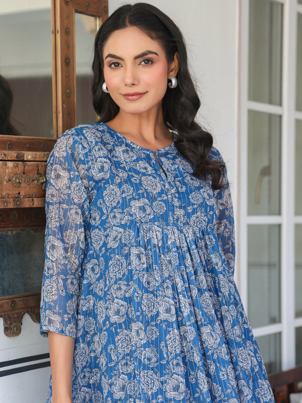 Janasya Dark Chiffon Floral A-Line Kurta